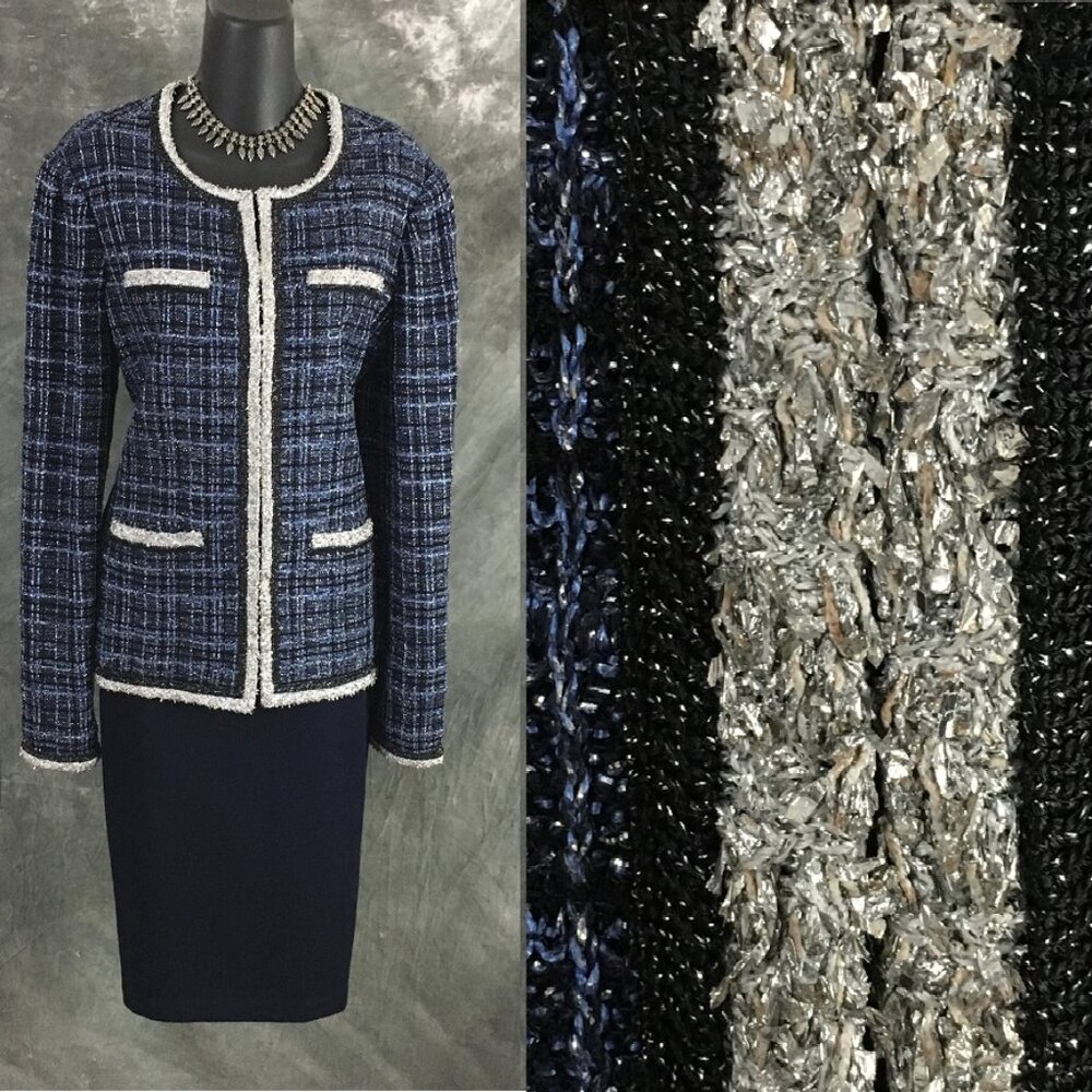 BEAUTIFUL st john knit Blue silver shimmer jacket skirt suit size 8 10